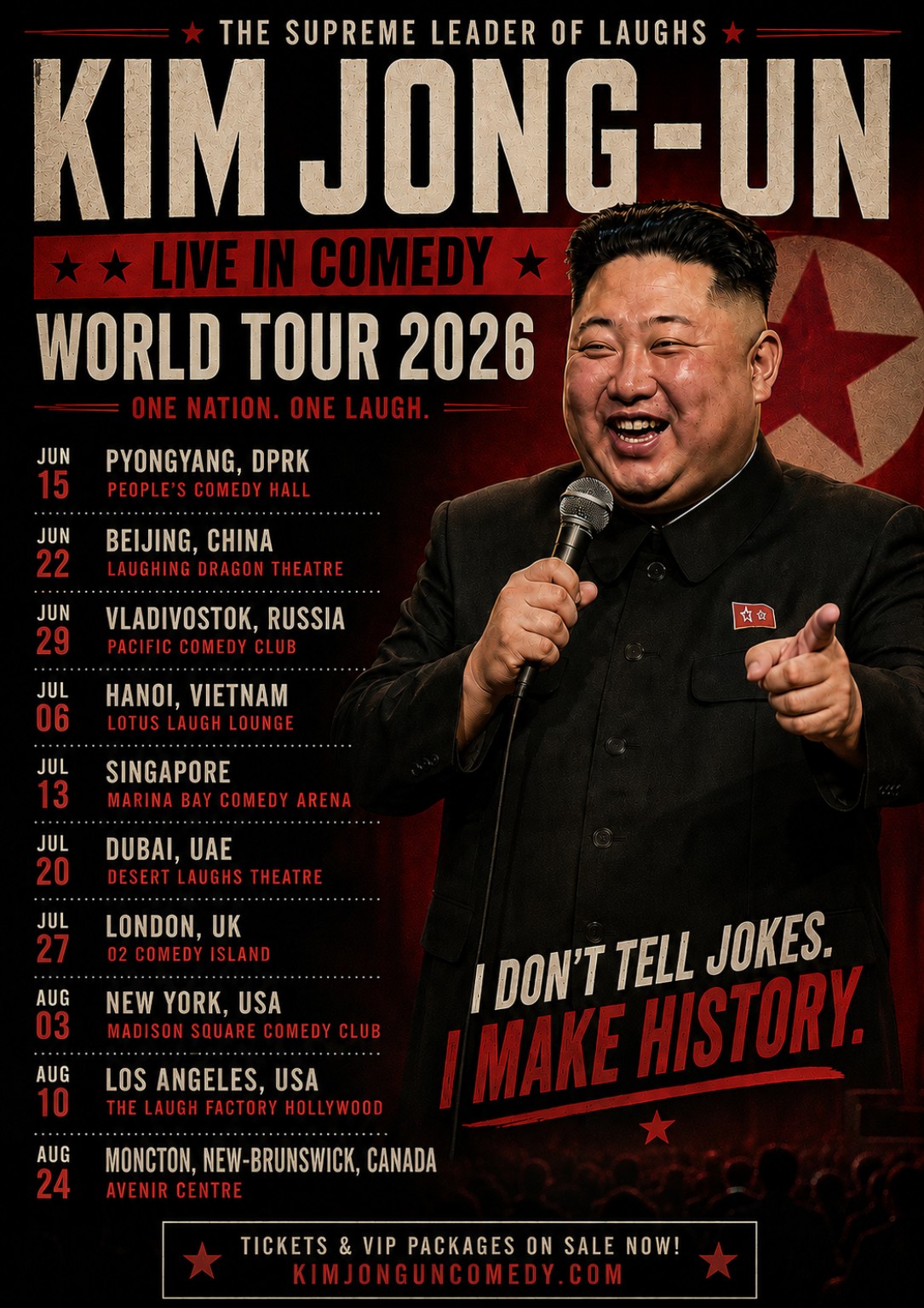 Satirical comedy world tour poster